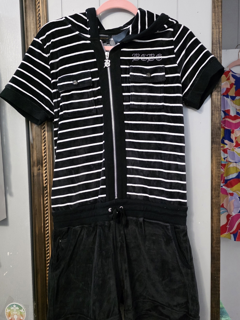BCBG Black & Ivory Striped Zip Romper